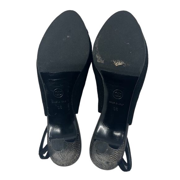 Chanel Tweed Slingback Cap Toe CC Logo Pumps Black Size 38 - Picture 10 of 12